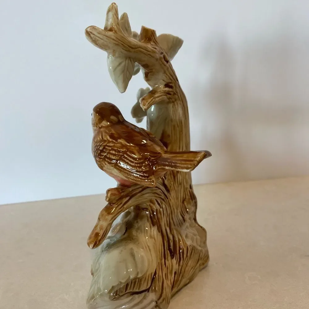 Collectible high gloss ceramic porcelain bird on perch surrounded by Holly Hocks - Picture 7 of 15